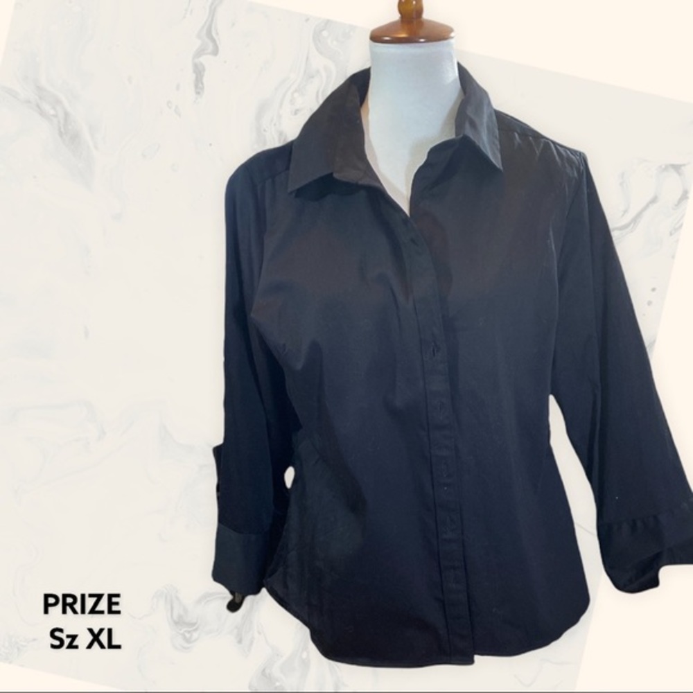 PRIZE Button down  3/4 sleeve stretchy black shirt Sz XL